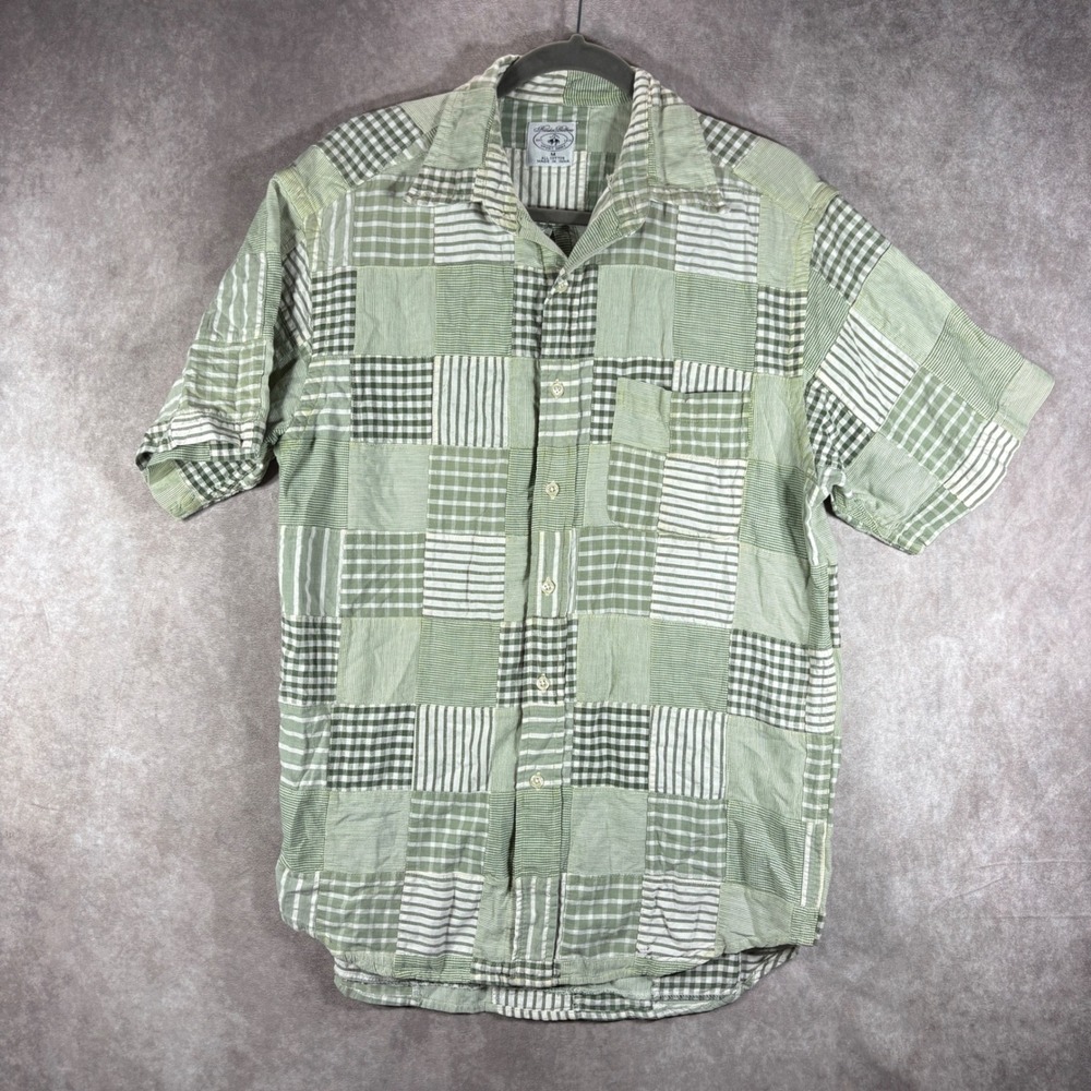 Brooks Brothers Sport Shirt Mens M Green Patchwork Button Up Short Sleeve Cotton
